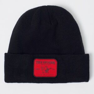 True Religion Black Knit Logo Patch Beanie